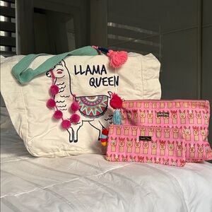 Llama-themed tote bag bundle! White Llama Queen tote with pink cosmetics bags